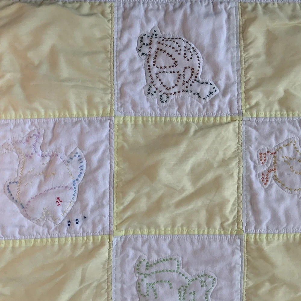 VTG Handmade Cross Stitch Baby Nursery Quilt Handmade Yellow 22x32 Dog Cat Duck